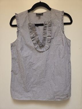 J Crew Sleeveless Ruffled V-Neck Striped Top - Blue/White Size 2